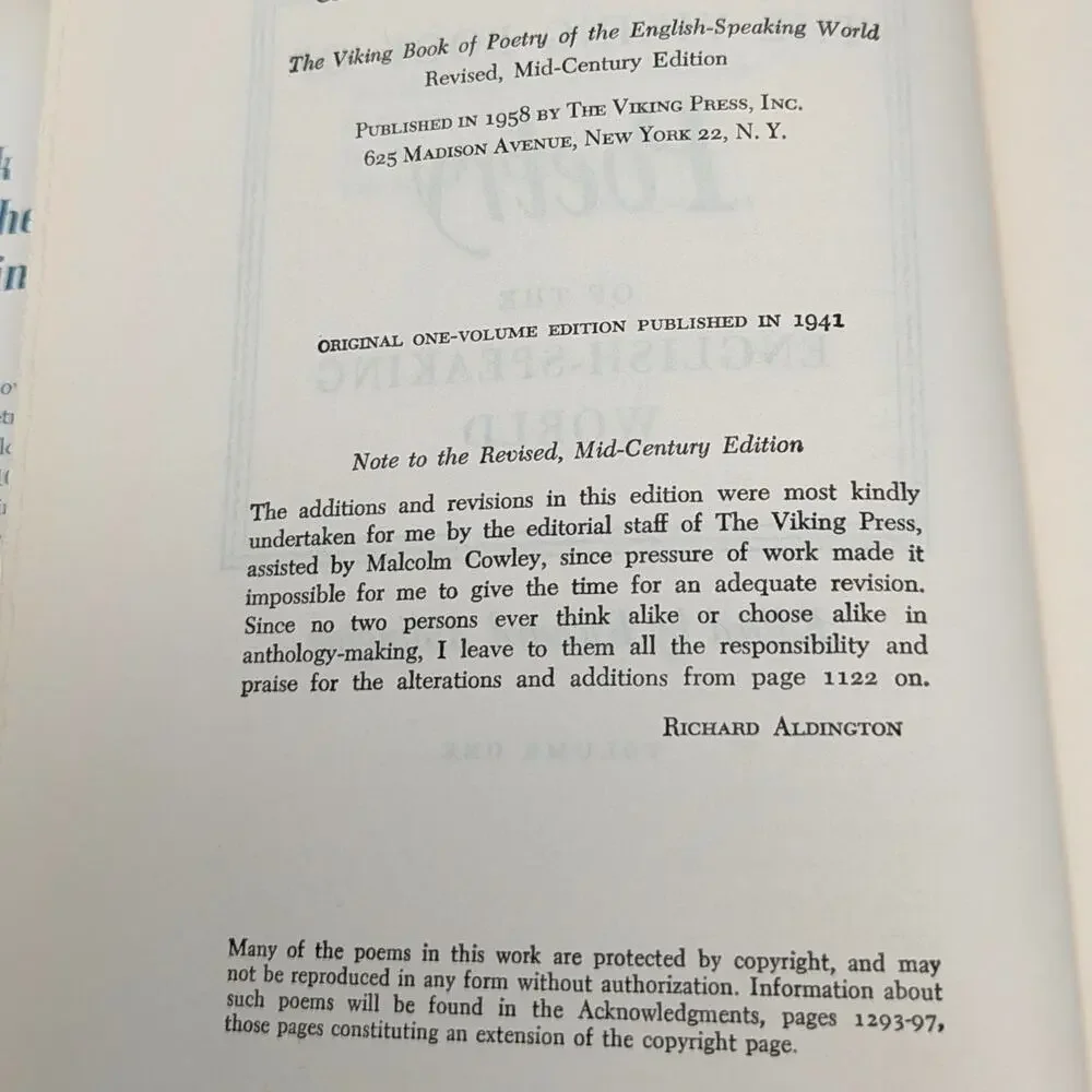 1958 The Viking Book of Poetry Hardcover Anthology
